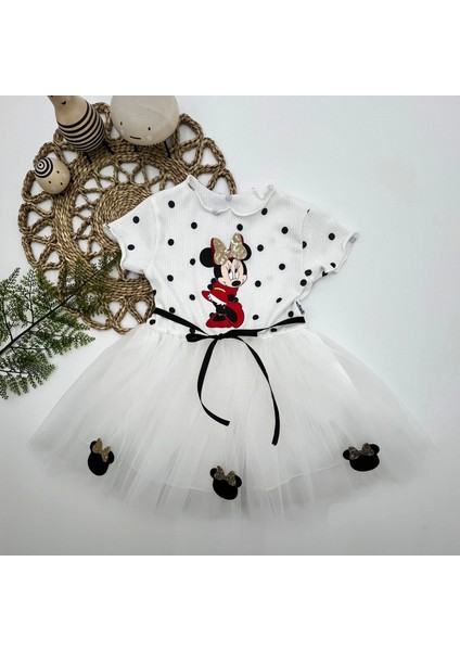 Miraylife 2-3-4 Yaş Puantiyeli Mickey Baskılı Kurdela Kuşaklı Astarlı Kız Bebek Tütü Elbisesi
