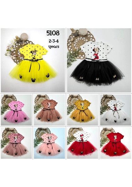 Miraylife 2-3-4 Yaş Puantiyeli Mickey Baskılı Kurdela Kuşaklı Astarlı Kız Bebek Tütü Elbisesi