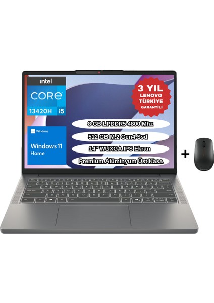 Ip Slim 3 14IRH10 I5-13420H 8gb 512GB SSD 14" Wuxga Windows 11 Home 83K00028TR Taşınabilir Bilgisayar - Lenovo Mouse Wz7