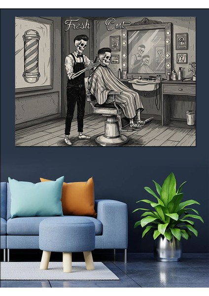 Eski Tarz Berber Dükkanı Dekoratif Kanvas - Mdf Ahşap Tablo fırsatları