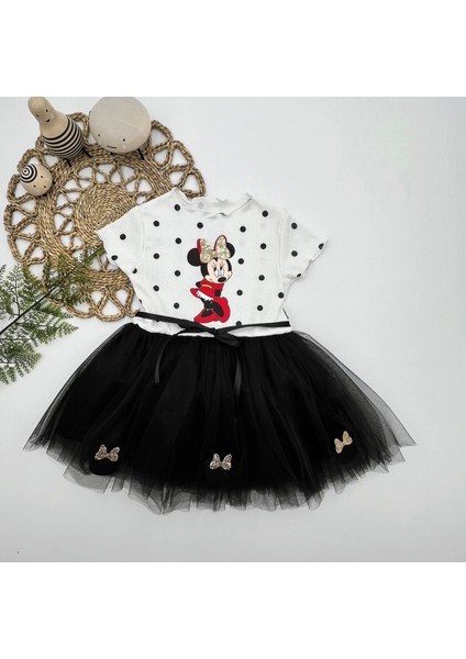 Miraylife 2-3-4 Yaş Puantiyeli Mickey Baskılı Kurdela Kuşaklı Astarlı Kız Bebek Tütü Elbisesi