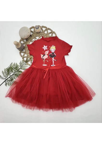 Miraylife 5-6-7 Yaş Flamingo Balerin Kız Baskılı Kurdela Kuşaklı Astarlı Kız Çocuk Tütü Elbise