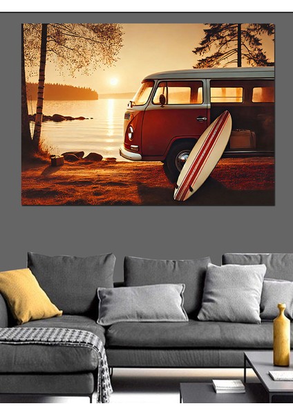 Kırmızı Vintage Karavan Göl Kenarında Dekoratif Kanvas - Mdf Ahşap Tablo