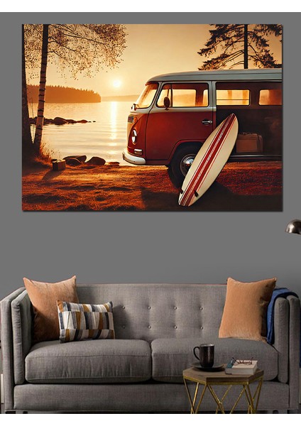 Kırmızı Vintage Karavan Göl Kenarında Dekoratif Kanvas - Mdf Ahşap Tablo fırsatları
