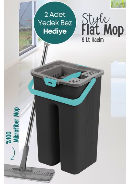Flat Tablet Mop Yer Duvar Silme Temizlik Kova Seti 2 Adet Microfiber Yedek Bez Paspas