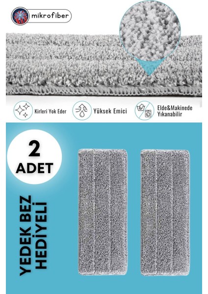 Flat Tablet Mop Yer Duvar Silme Temizlik Kova Seti 2 Adet Microfiber Yedek Bez Paspas