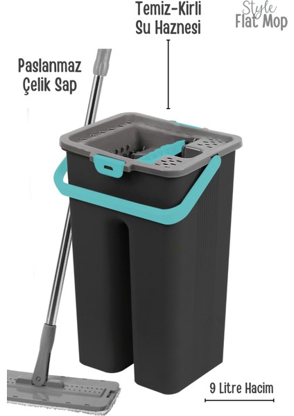Flat Tablet Mop Yer Duvar Silme Temizlik Kova Seti 2 Adet Microfiber Yedek Bez Paspas