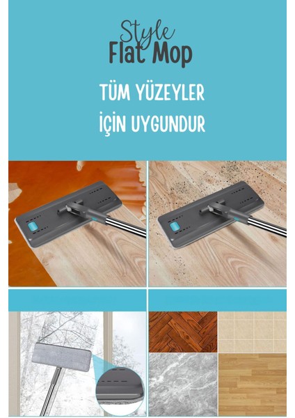 Flat Tablet Mop Yer Duvar Silme Temizlik Kova Seti 2 Adet Microfiber Yedek Bez Paspas