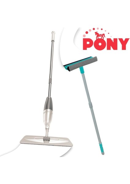 Çiftli Sprey Mop ve Cam Sileceği Temizlik Seti, Teleskopik Saplı, Krem Paspas