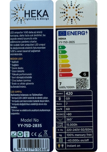(5 Adet) Heka 7W (49W) 3000K (Gün İşığı) G9 Duylu Dim Edilebilir Led Kapsül Ampul