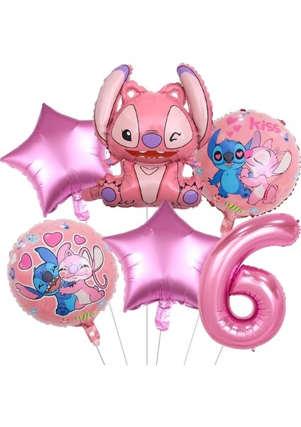 6 Adet Numarası 6 Pembe Lilo ve Dikiş Kızın Doğum Günü Dekorasyon Tek Kullanımlık Kağıt Tabak Afiş Peçete Bardak Balonlar Bebek Duş Çocuklar Parti Malzemeleri (Yurt Dışından)