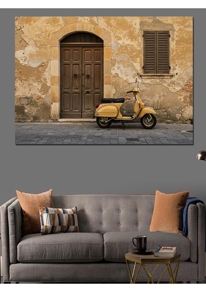 Eski Sarı Vespa ve Kapı Çizimi Dekoratif Kanvas - Mdf Ahşap Tablo