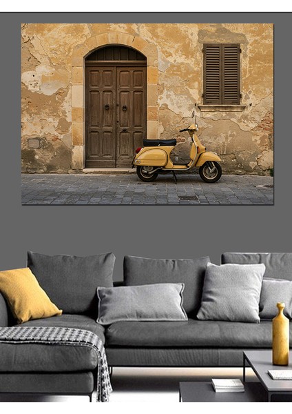 Eski Sarı Vespa ve Kapı Çizimi Dekoratif Kanvas - Mdf Ahşap Tablo modelleri