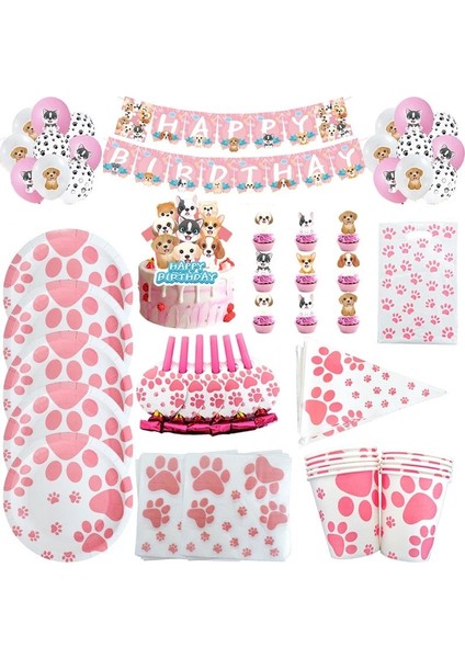24 Adet Eklemek Pembe Köpek Paw Doğum Günü Düğün Parti Dekor Plaka Bardak Masa Örtüsü Balon Sofra Pet Parti Dekorları Bebek Duş Malzemeleri (Yurt Dışından)