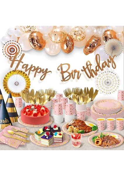 STRAW-25PCS Pembe Altın Nokta Parti Malzemeleri Tek Kullanımlık Parti Yemek Takımı Altın Nokta Kağıt Tabaklar Peçeteler Bardaklar Doğum Günü Partisi Dekorasyon Için (Yurt Dışından)