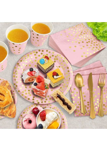 STRAW-25PCS Pembe Altın Nokta Parti Malzemeleri Tek Kullanımlık Parti Yemek Takımı Altın Nokta Kağıt Tabaklar Peçeteler Bardaklar Doğum Günü Partisi Dekorasyon Için (Yurt Dışından)