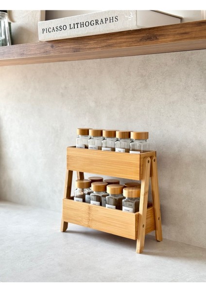 12'li Bambu Kapaklı Kare Kavanoz ve Çift Katlı Bambu Stand Seti