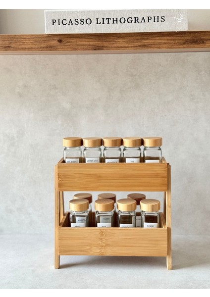 12'li Bambu Kapaklı Kare Kavanoz ve Çift Katlı Bambu Stand Seti fiyatları