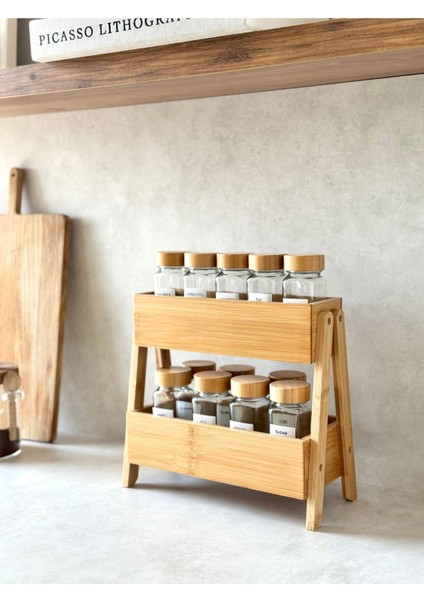 12'li Bambu Kapaklı Kare Kavanoz ve Çift Katlı Bambu Stand Seti modelleri