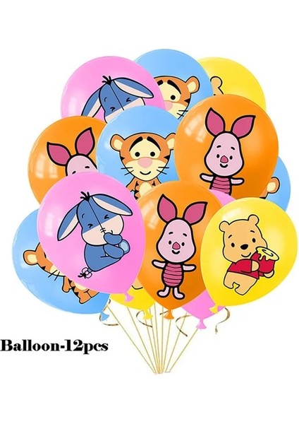 Balon-12 Adet Winnie The Pooh Karikatür Tema Parti Malzemeleri Tek Kullanımlık Sofra Kağıt Saman Tabaklar Oyuncaklar Doğum Günü Şekeri Bebek Duş Süslemeleri (Yurt Dışından)