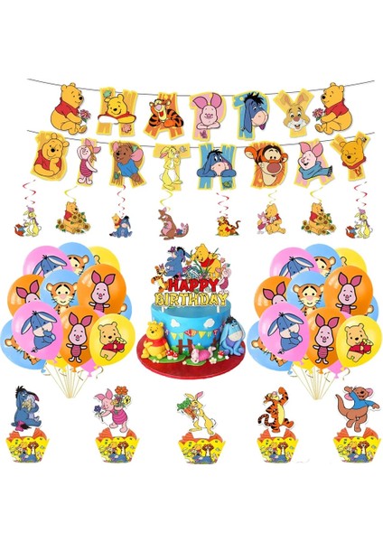 Balon-12 Adet Winnie The Pooh Karikatür Tema Parti Malzemeleri Tek Kullanımlık Sofra Kağıt Saman Tabaklar Oyuncaklar Doğum Günü Şekeri Bebek Duş Süslemeleri (Yurt Dışından)