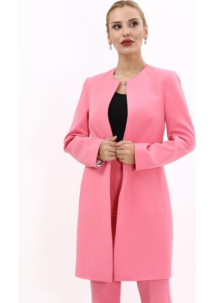 Sıfır Yaka Düz Uzun Ceket-Pembe
