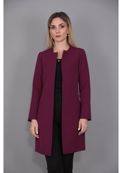 Sıfır Yaka Düz Uzun Ceket-Mürdüm