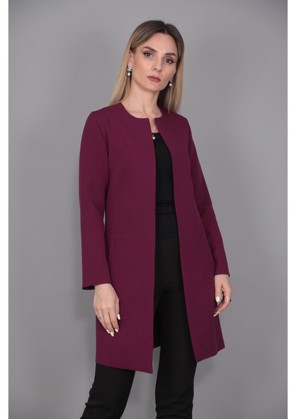 Sıfır Yaka Düz Uzun Ceket-Mürdüm modelleri