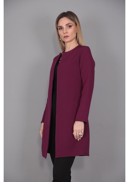 Sıfır Yaka Düz Uzun Ceket-Mürdüm fırsatları