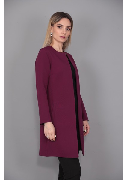 Sıfır Yaka Düz Uzun Ceket-Mürdüm indirimleri