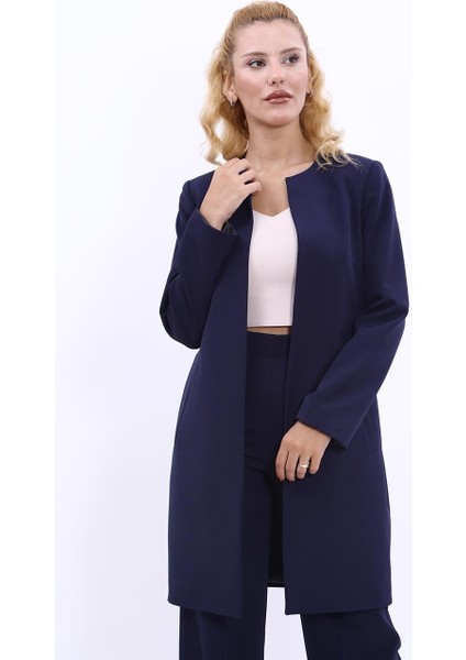 Sıfır Yaka Düz Uzun Ceket-Lacivert