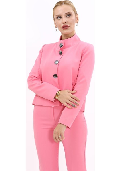 Oval Dik Yaka Kısa Ceket-Pembe