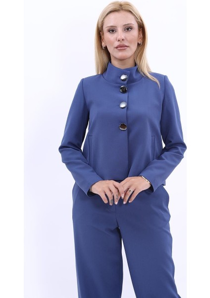 Oval Dik Yaka Kısa Ceket-Indigo