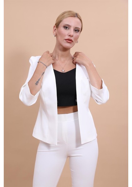 V Yaka Boydan Kuplu Kısa Ceket-Beyaz indirimleri