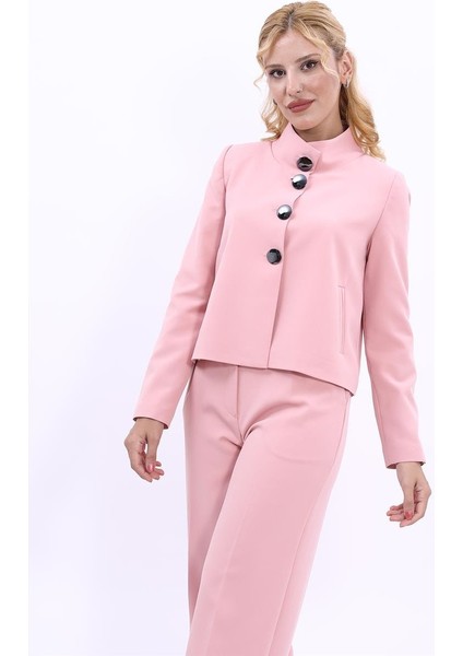 Oval Dik Yaka Kısa Ceket-Pudra