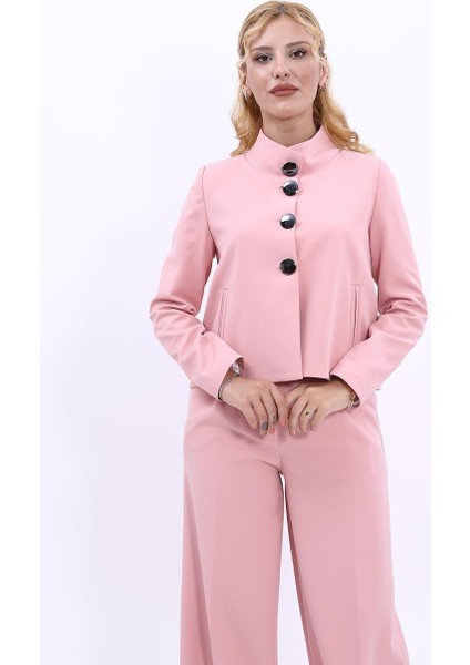 Oval Dik Yaka Kısa Ceket-Pudra fırsatları