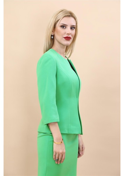 Sıfır Yaka Düz Kısa Ceket-Yeşil