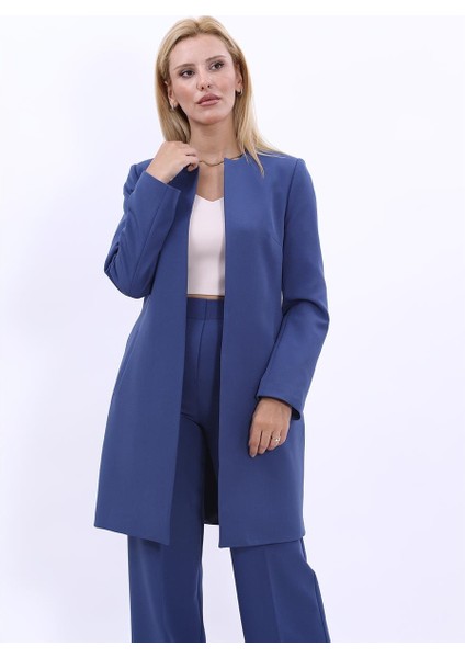 Sıfır Yaka Düz Uzun Ceket-Indigo