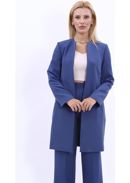 Sıfır Yaka Düz Uzun Ceket-Indigo indirimleri