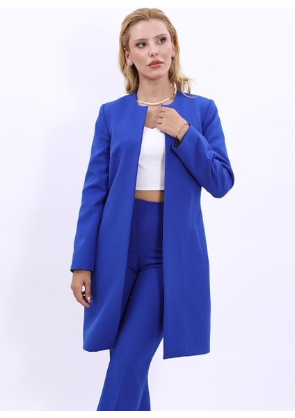 Sıfır Yaka Düz Uzun Ceket-Saks