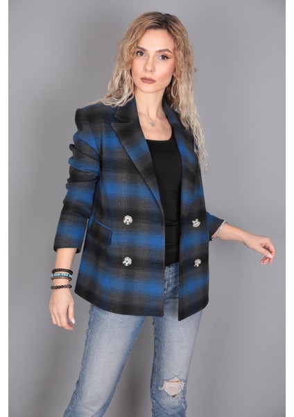 Kaşe Oversıze Blazer Ceket-Indigo