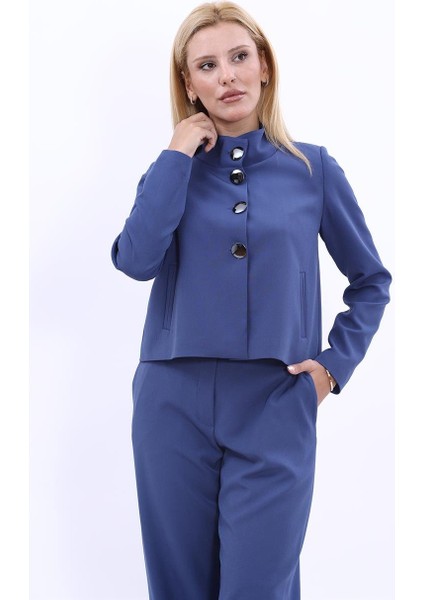 Oval Dik Yaka Kısa Ceket-Indigo fiyatları