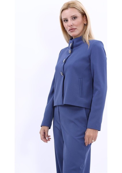 Oval Dik Yaka Kısa Ceket-Indigo modelleri
