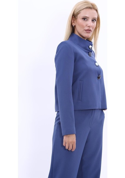 Oval Dik Yaka Kısa Ceket-Indigo indirimleri