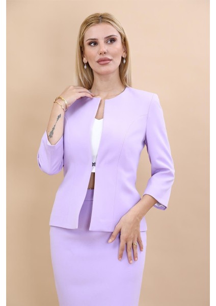 Sıfır Yaka Düz Kısa Ceket-Menekşe