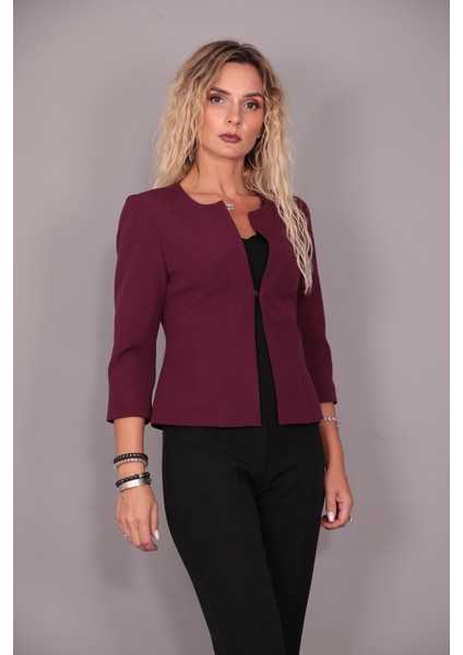 Sıfır Yaka Düz Kısa Ceket-Mürdüm