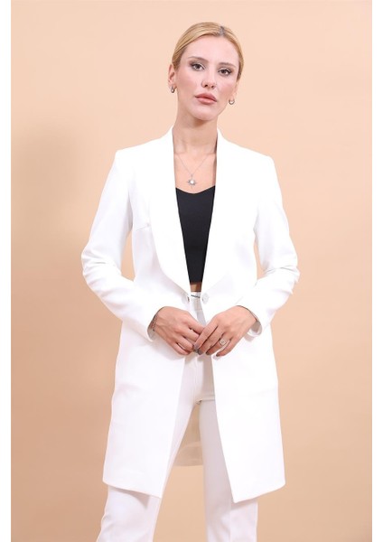 Şal Yaka Cepli Uzun Ceket-Beyaz