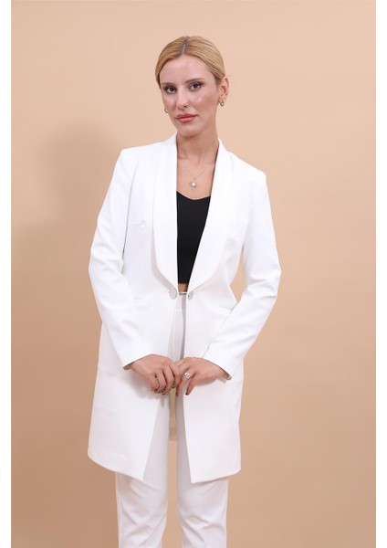 Şal Yaka Cepli Uzun Ceket-Beyaz fiyatları