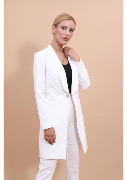 Şal Yaka Cepli Uzun Ceket-Beyaz modelleri