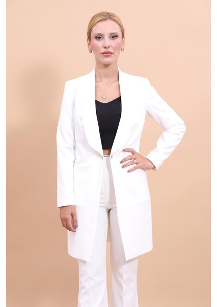 Şal Yaka Cepli Uzun Ceket-Beyaz indirimleri